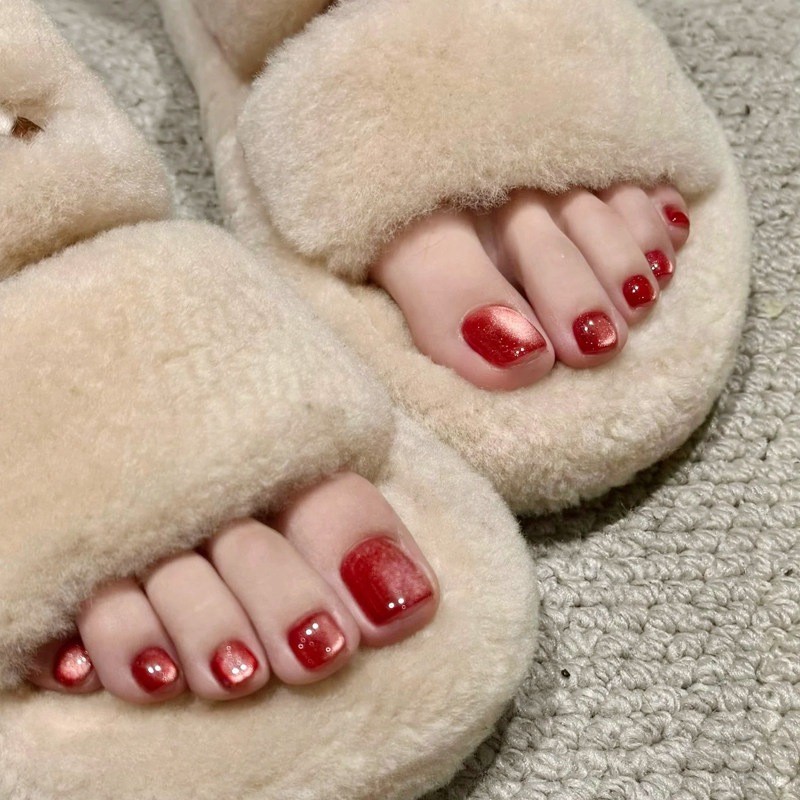 48Pcs-Short Square Red Cat Eye Glitter Simple Toe Press on Nails