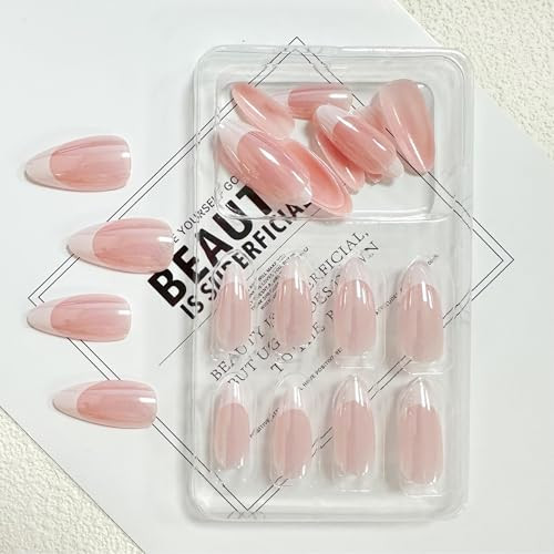 French Tip Press on Nails Medium Almond Fake Nails Press ons with Style-21
