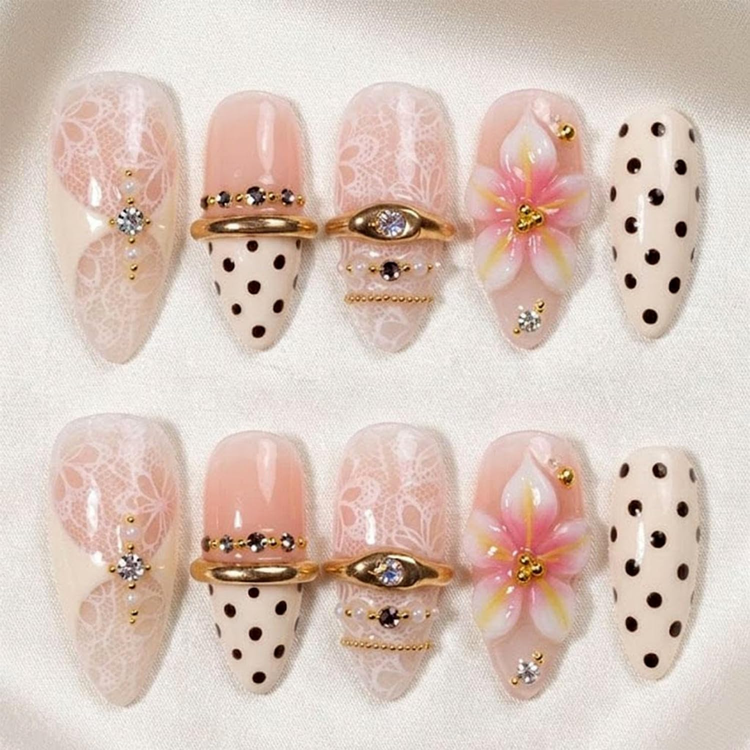 24Pcs Pink Flower Press on Nails Medium Almond Fake Nails 3D Pearl Gold Gems Rhi