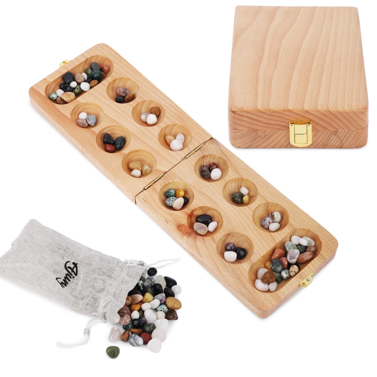 Ajuny Wooden Mancala Board Game Set – Classic Games, 8 Inch, Brown