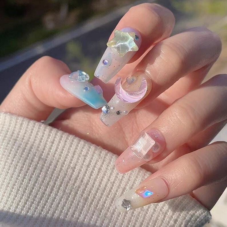 10 Piece 3D Reusable Handmade Press On Nails Shiny Stars