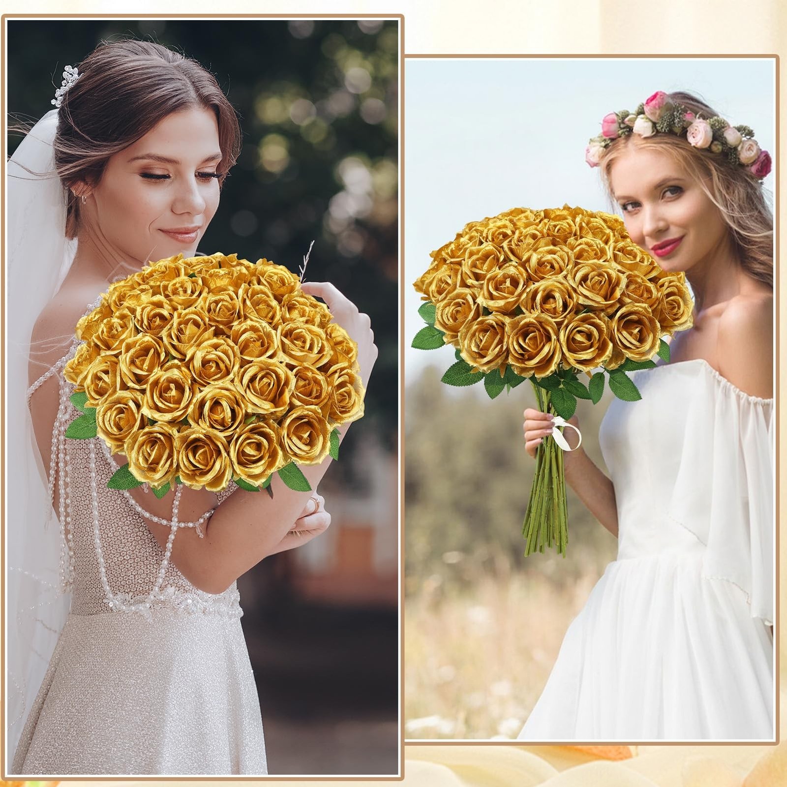 36 Pcs Gold Artificial Roses with Long Stems, Fake Silk Rose Artificial Flowe…