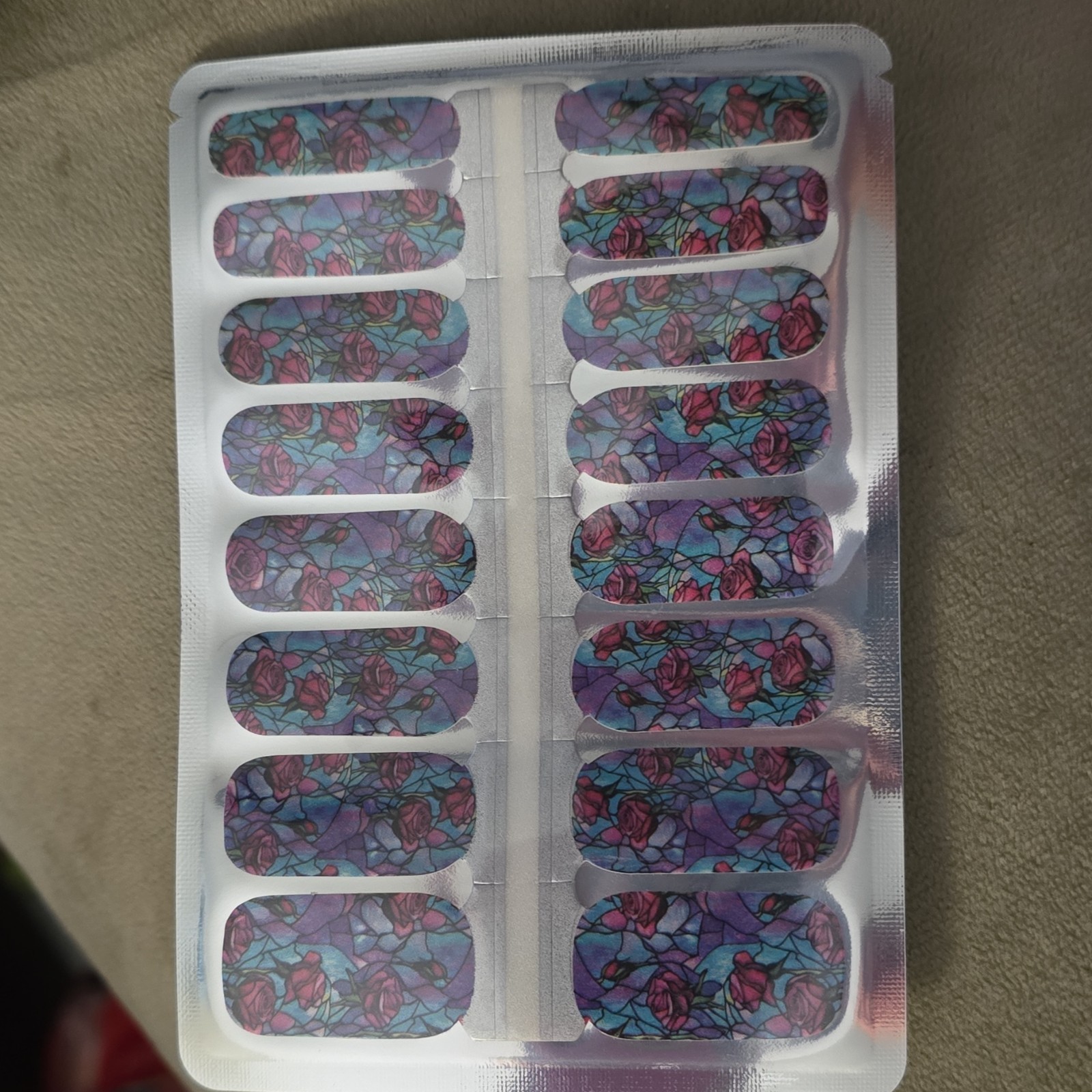 Roses / Stain Glass Floral – Nail Wraps – Full Cover PreDesigned Purple Red Blue