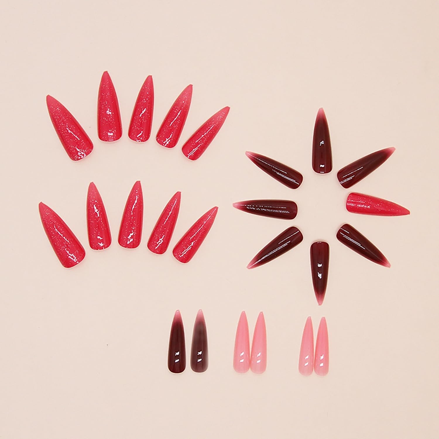 Press on Nails Long Length Almond Tip False Nails Red Gradient Glitter Powder…