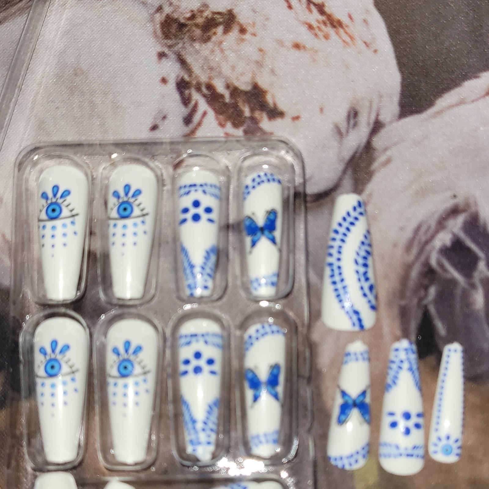 Beautiful Nail Long Coffin Nails White/Blue Butterfly Evil Eye Box