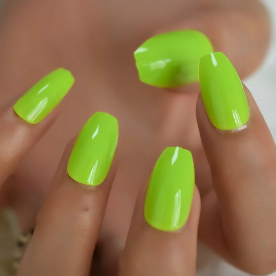 24 Neon Green Press On Nails w/ Glue Medium Coffin