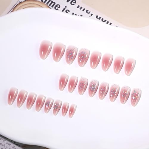 Cute Pink Glitter Press On Nails Almond Shape – 57-Tip with Pink Pearl Glitter