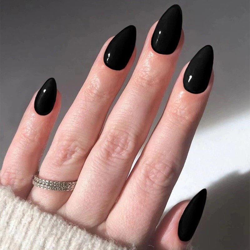Press On Nails Last Long,Onyx Black Short Almond Soft Gel and Super Hold Glue