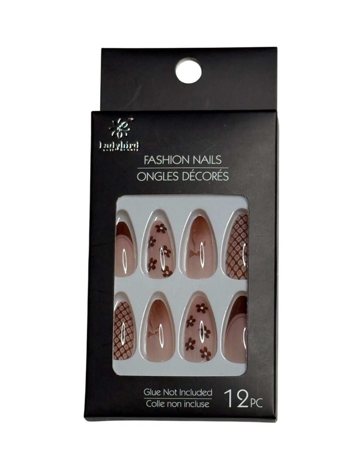 Ladybird Fashion Nails Press On False Nails Nude Brown Floral Plaid 12 Pc
