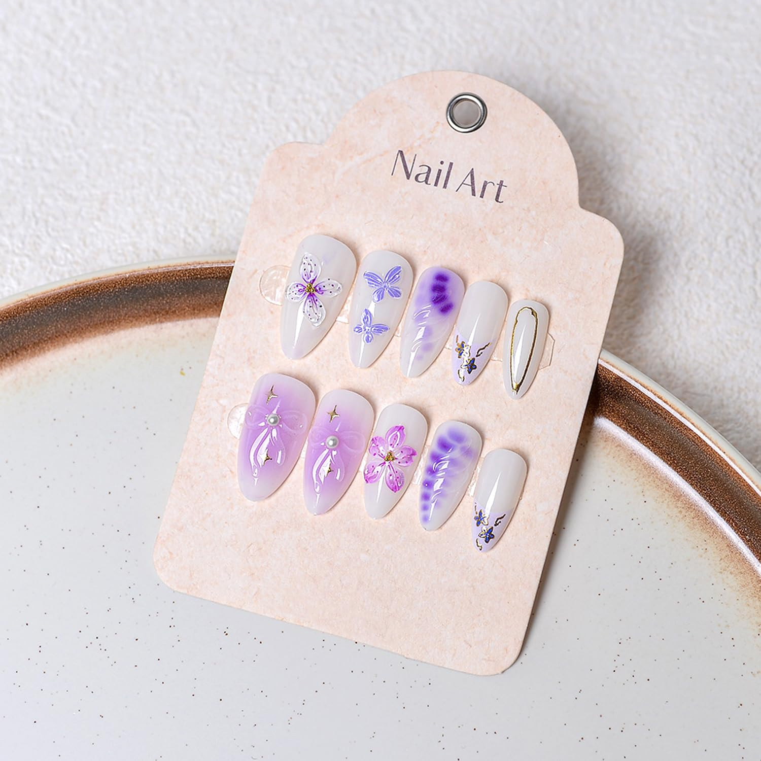24Pcs Gradient Purple Flower Press on Nails Medium Almond Fake Nails with Floral