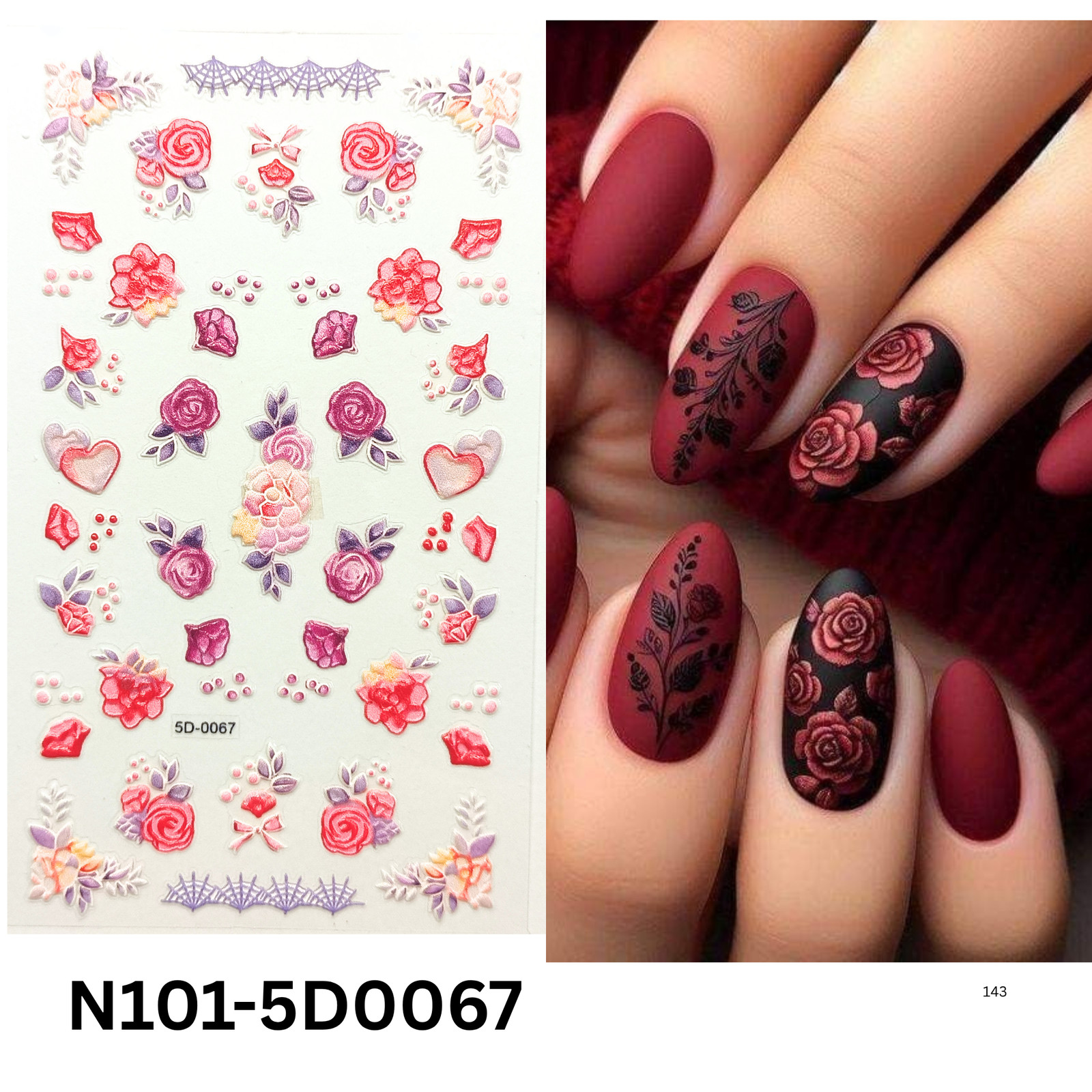 5D Rose Flower Nail Art Stickers – Embossed Floral Nail Decals for Manicure