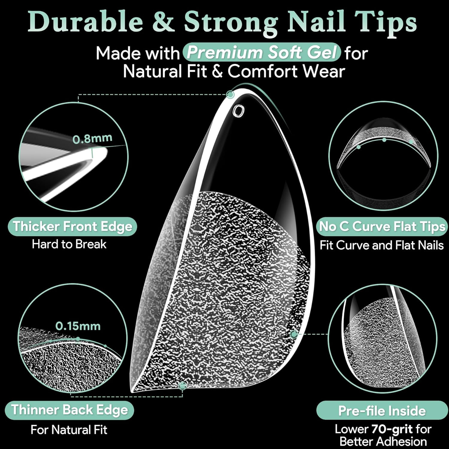Short Almond Nail Tips, 15 Sizes 240 PCS Clear Acrylic Soft Fake Nails Gel Nail