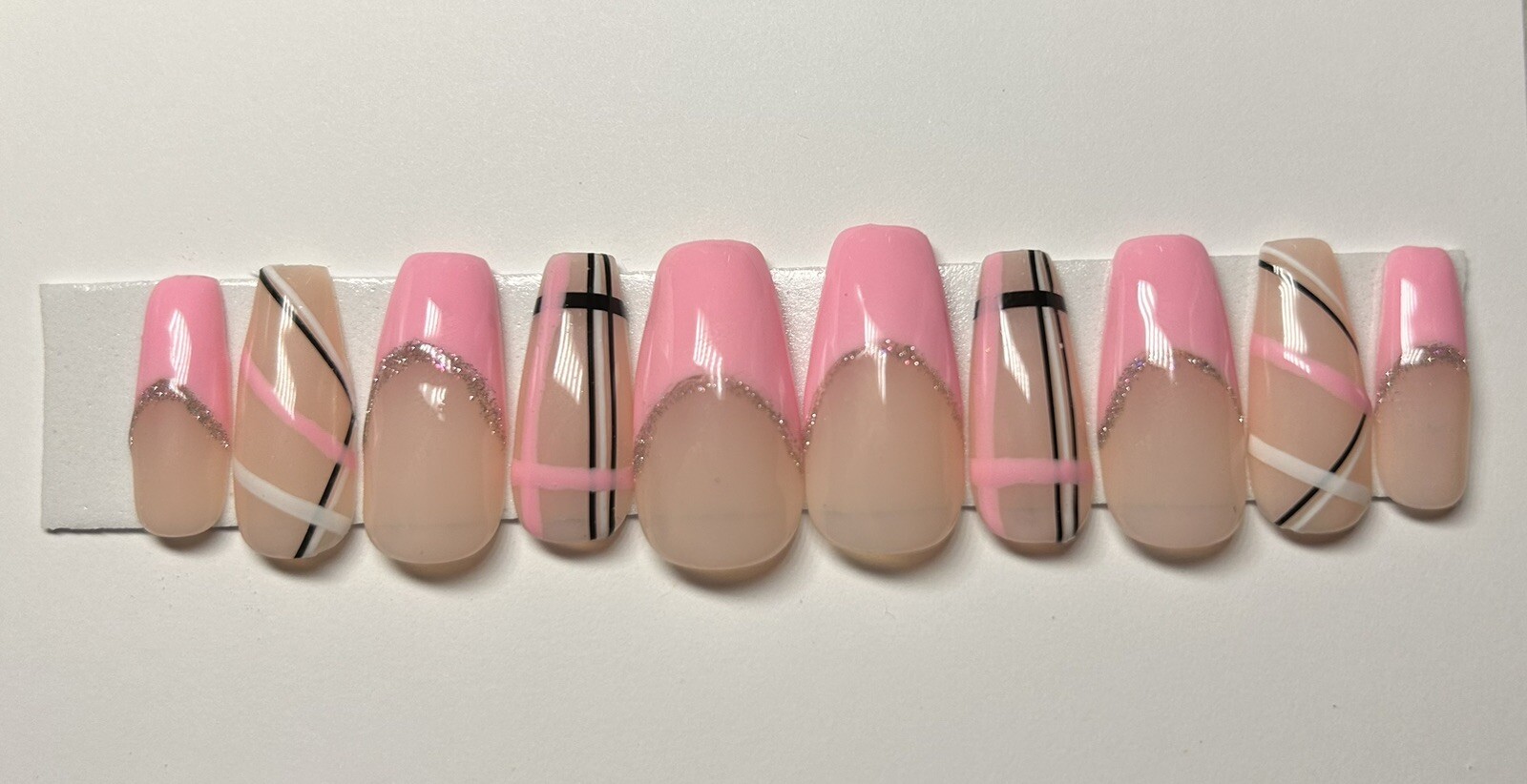 Pink With Black And White Stripes Press On Nails