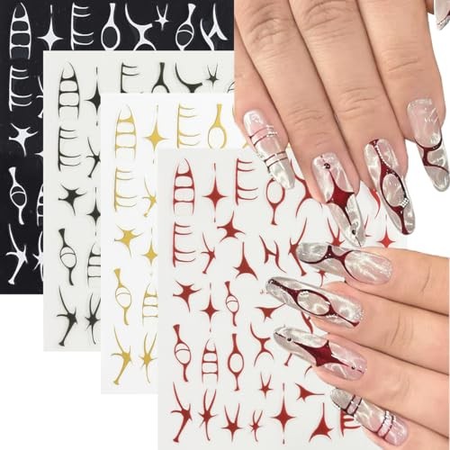 4 Sheets Irregular Line Nail Art Stickers, 3D Metallic Mirror Gold Self 4color