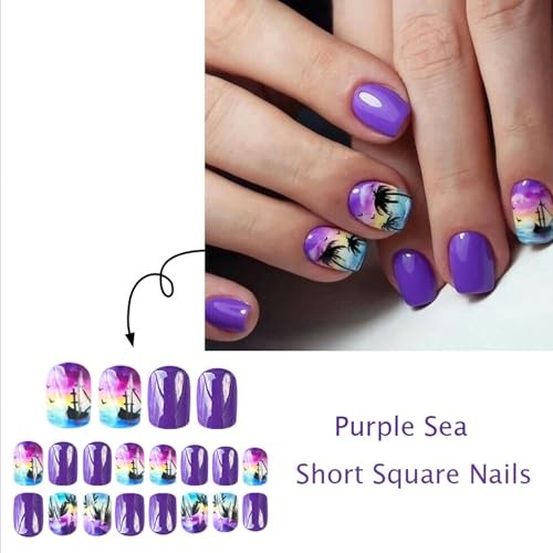 Short Press on Nails – Square Shaped Fake Nails with Palm Tree Gel Glue