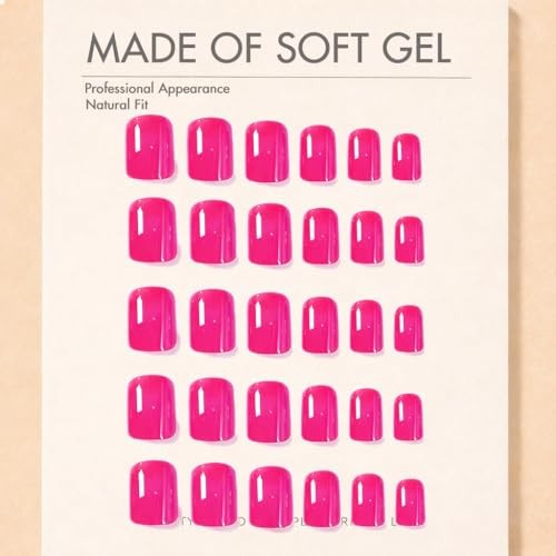 Hot Pink Press On Nails – Short Square – 30 Pcs Sturdy Reusable Fake Hot Pink