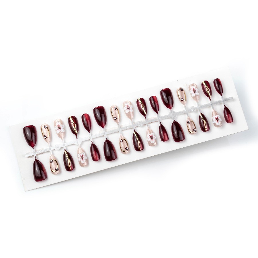 Press on Nail – Wine Red Cat Eye, Medium Length Flower Fake Nail, 60 Piece Set