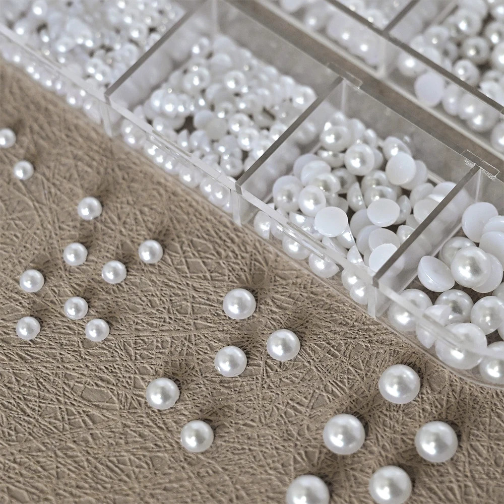 12grids Half Round Pearls Beads 3D Nail Charms 1.5/2/2.5/3/4/5mm White Flatback