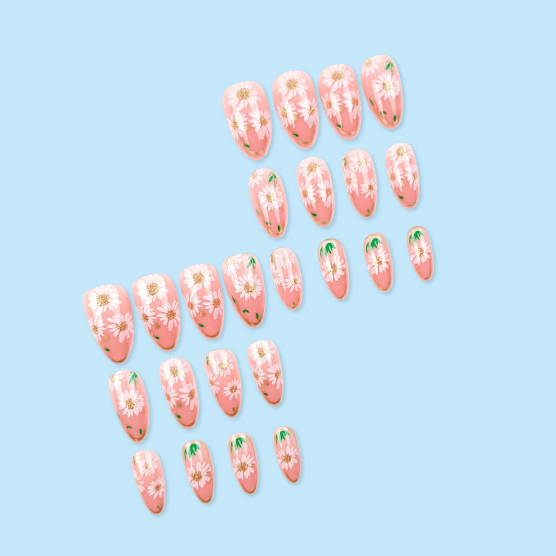 48pcs Short Oval Press on Nails, Nude Pink Gold Edge Daisy Sweet Daily Nails