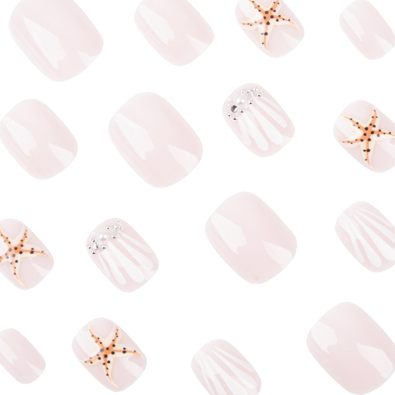 48Pcs-Short Oval Nude Seashell Starfish Tiny Rhinestone Press on Nails Set