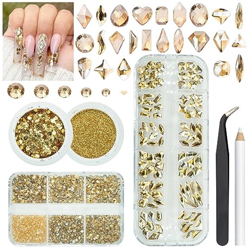 qiipii Rhinestones and Glitters 24 Shapes K9 Glass 4 Boxes Champagne Gold