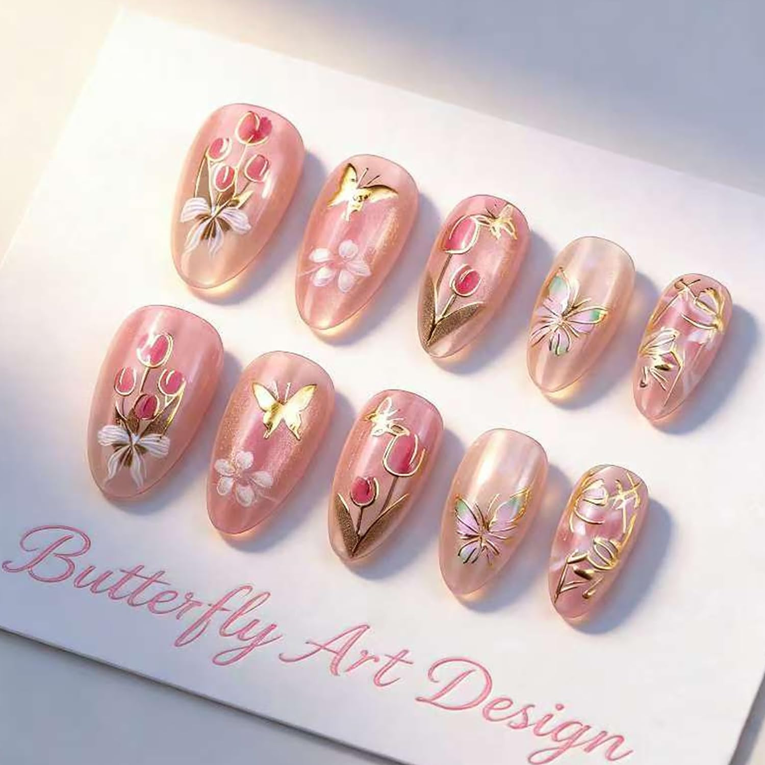 24Pcs Spring Press on Nails Medium Almond Fake Nails with 3D Gold Flower Butterf