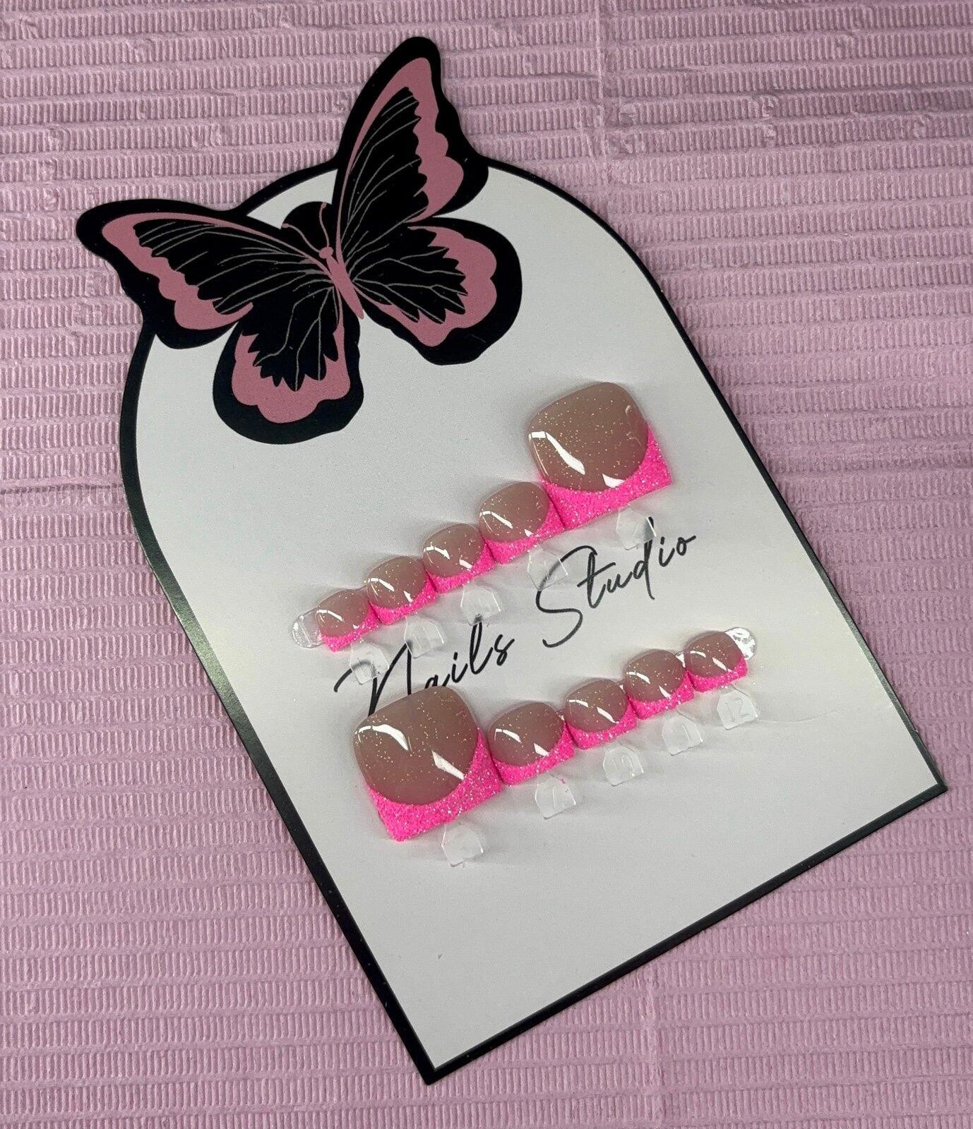 Press on toenails pink glitter French tips handmade custom builder gel nude