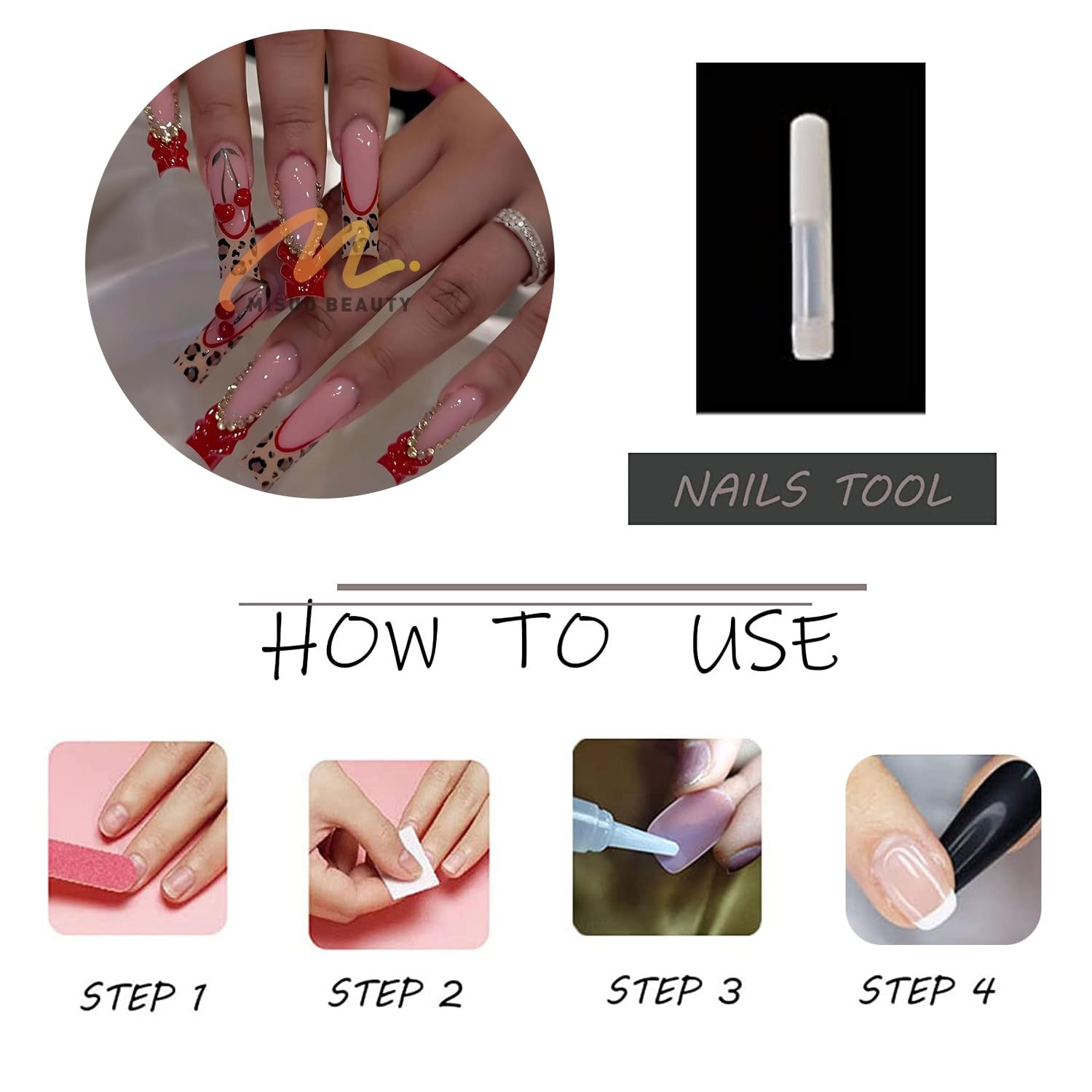 MISUD Press on Nails – Long Square Fake 0.04 Fl Oz (Pack of 24), 099A10Red