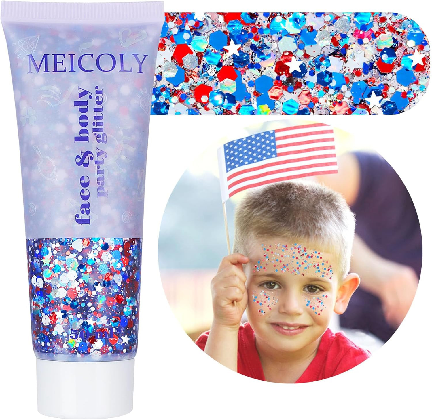 Red White and Blue Face Glitter,4Th of July Patriotic Accessories,Star Hair Glit