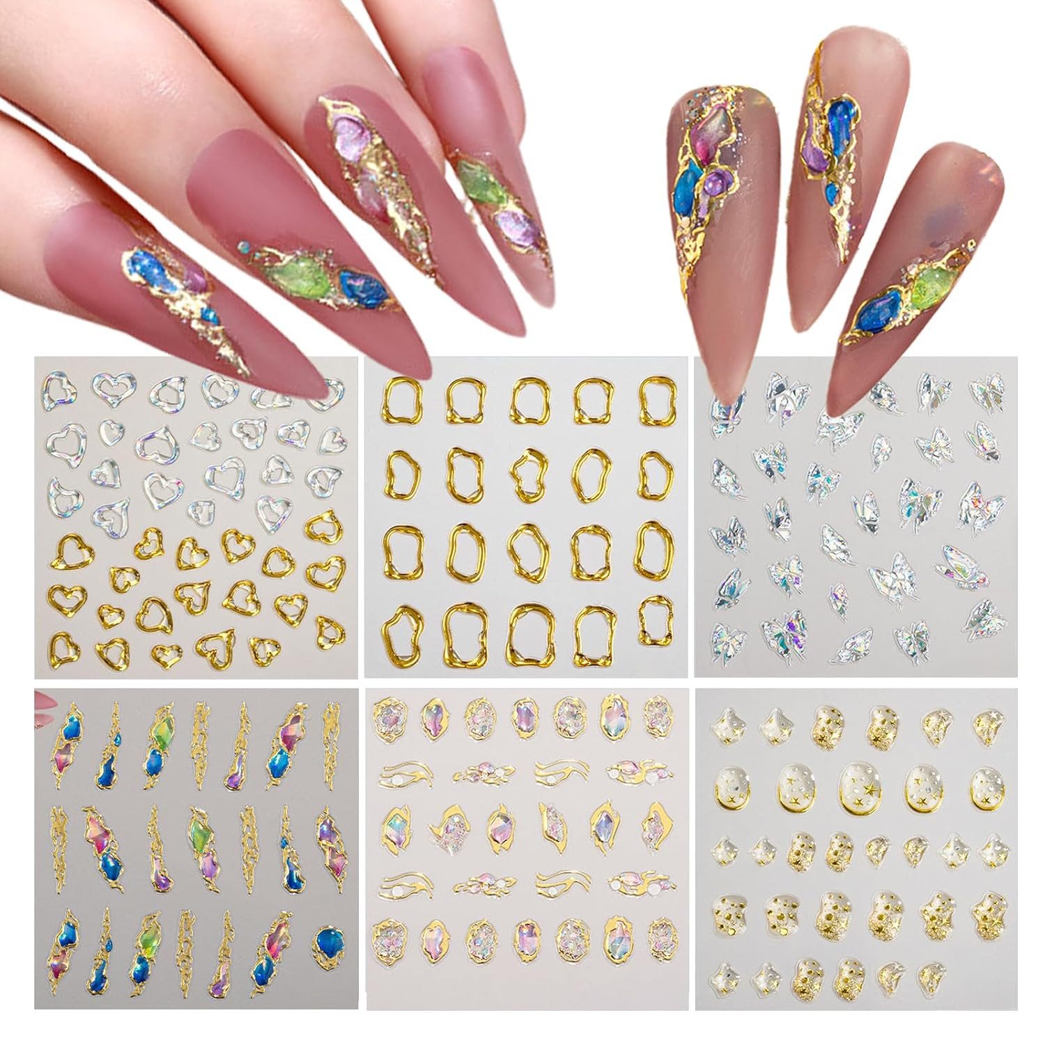 6 Sheets 5D Gold Embossed Nail Art Stickers Gem Crystal Irregular Geometric Fram