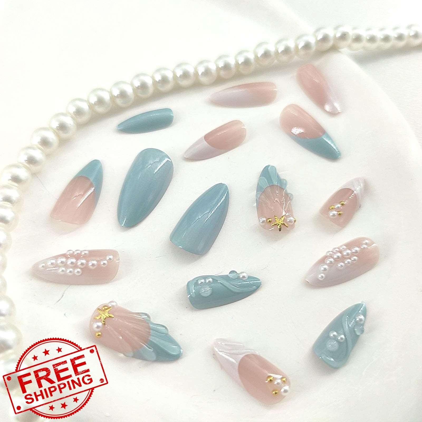 Xenophoer French Tip Almond Nails Pearls Gold Star designs-62316