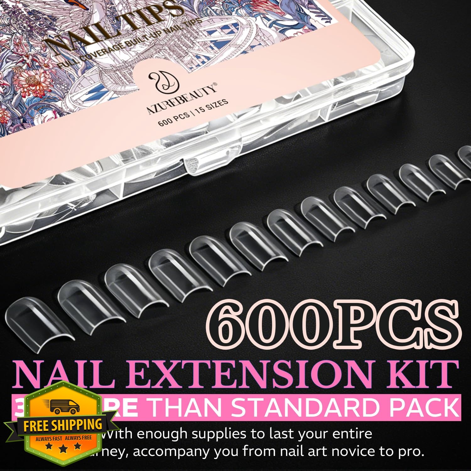 AZUREBEAUTY Medium Square Nail Tips 600pcs 15 Sizes