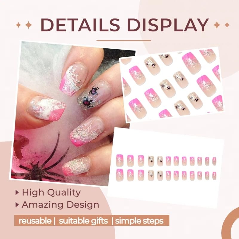 24Pcs Halloween Press on Nails Short Square Pink Fake 4*2*0.3in, Multicolor