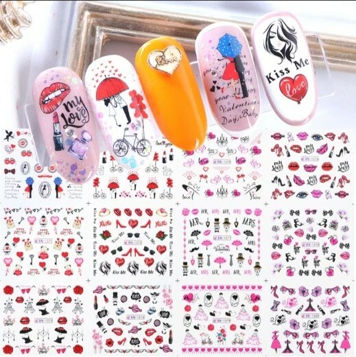 12 Pcs sheets SET Nail Art stickers Valentines day , love