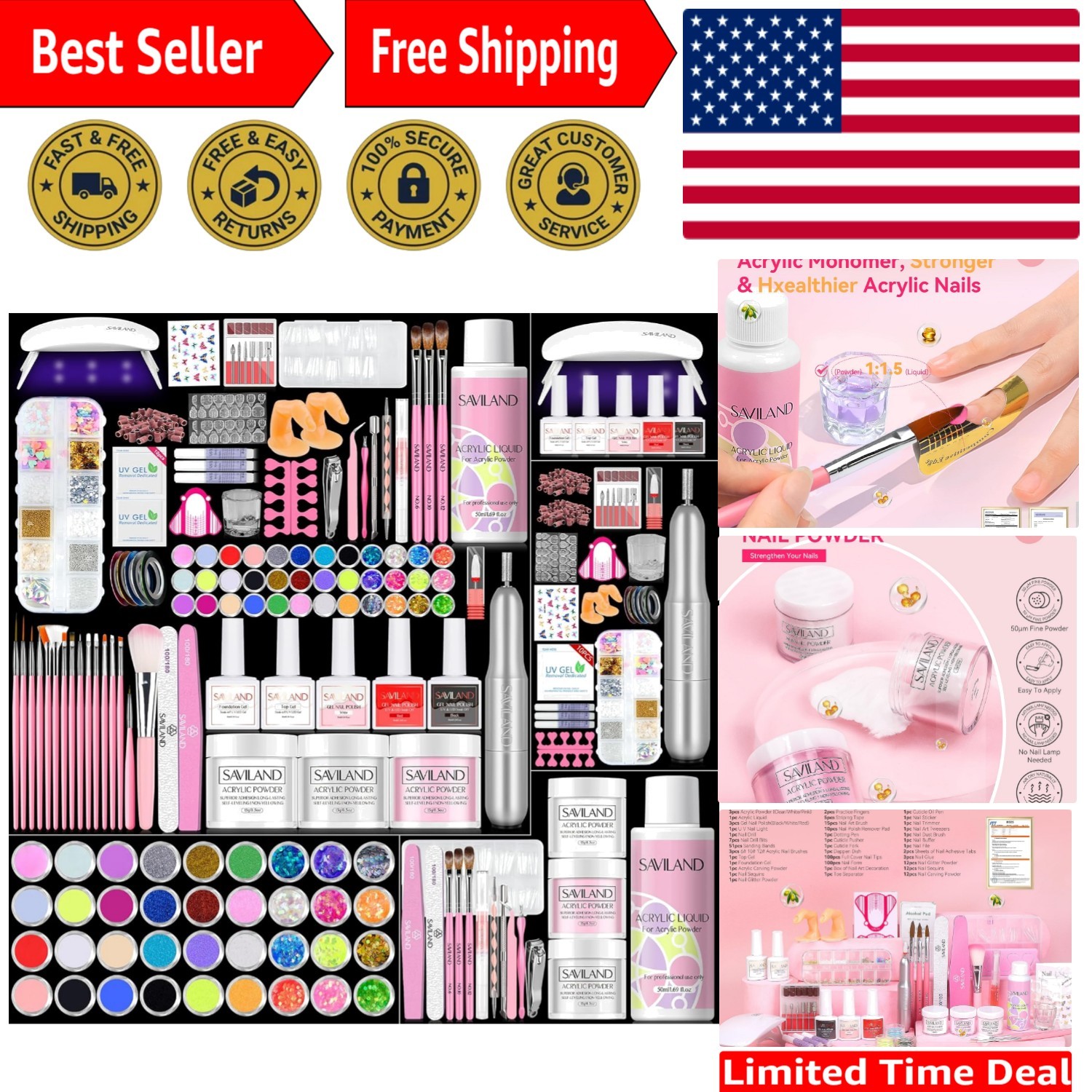 Luxurious Acrylic Nail Kit with Drill: 3 Gel Polishes & UV Light for Salon Nails
