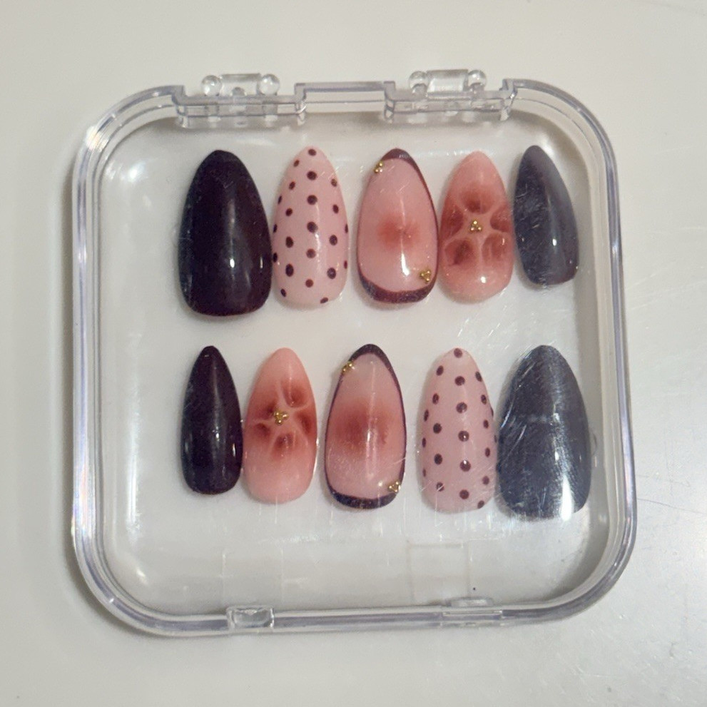 Handmade Dark brown & Pink Floral Almond Press-On Nails Medium Full Cover