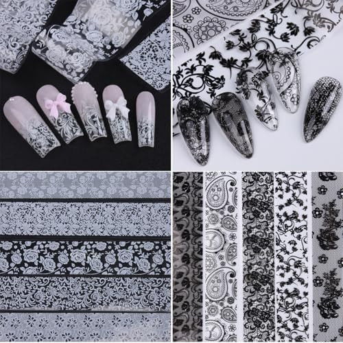 Holographic Nail Foil Transfer Stickers Black White Lace Laser Foils for kit –