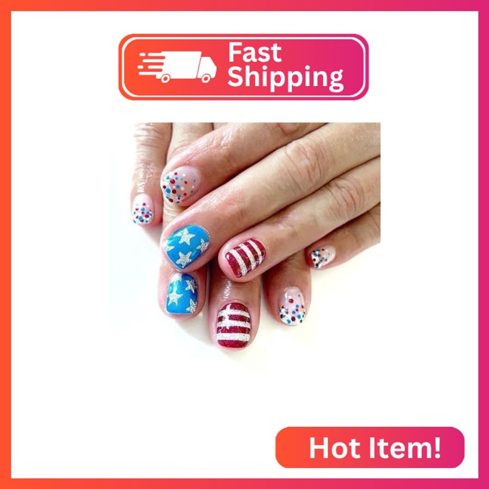 BMKKOT Independence Day Press On Nails – Short, Colorful Polka Dots & Stars, Ful