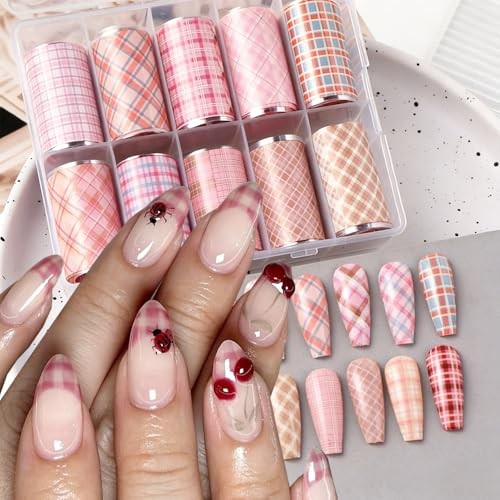 Plaid Nail Foil Transfer for Nails Art Pink Plaid Nail Stickers Transfer