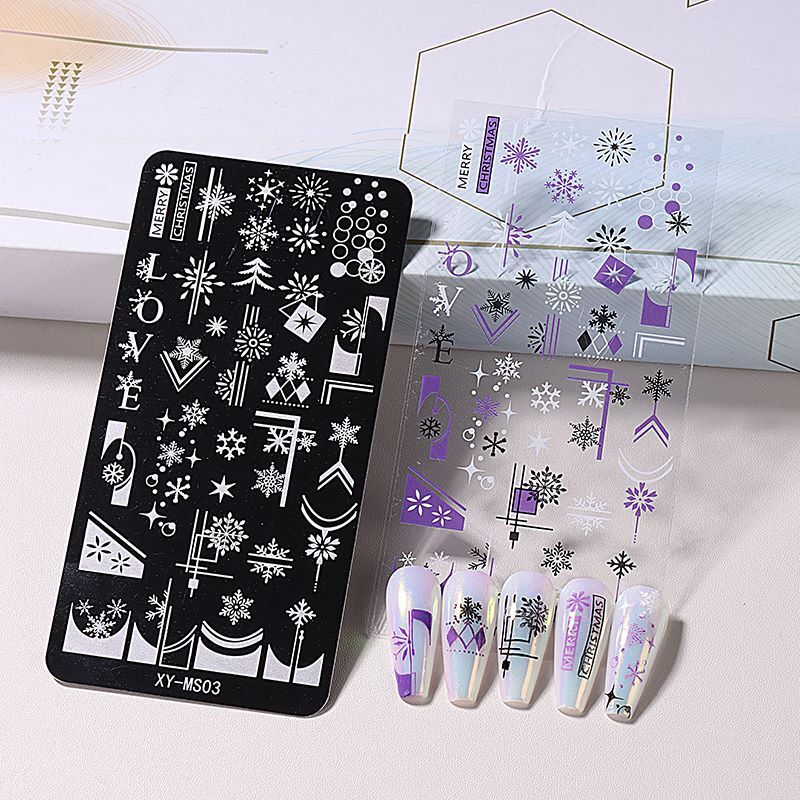 Snow Christmas Metal Nail Stamping Plates French Tip Love Lines Stars Tree Decal