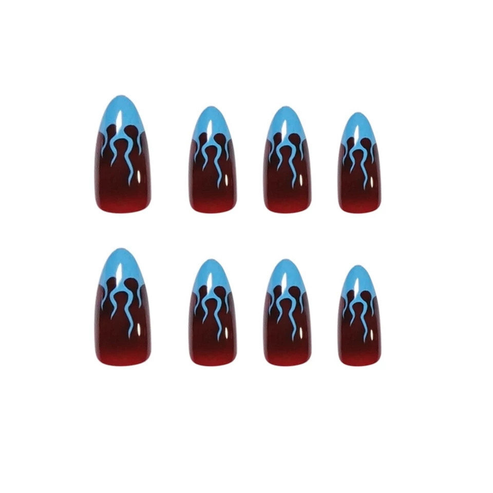 24 Press on nails kit w glue Blue flame french maroon dark almond stiletto goth