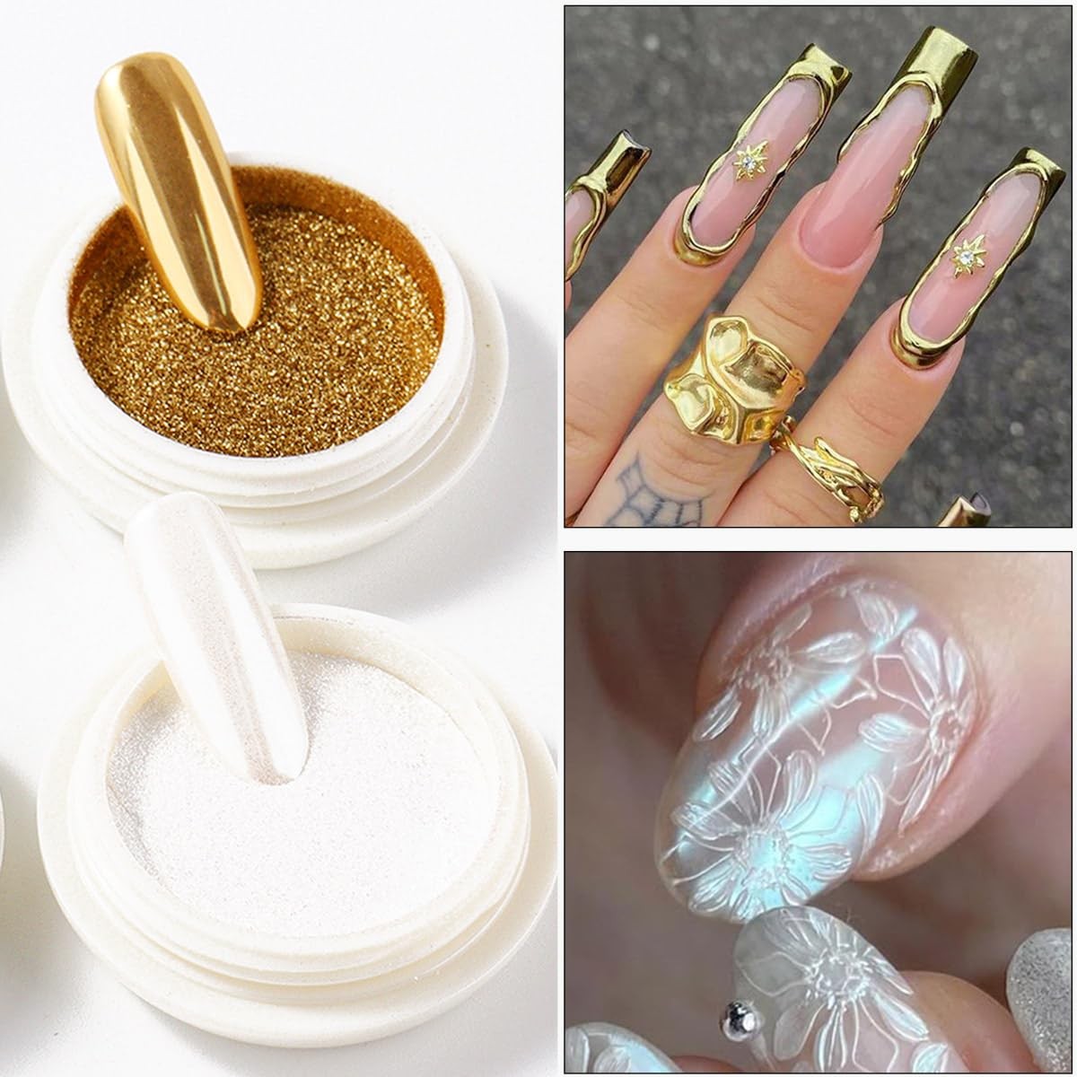 Chrome Nail Powder Set, 6 Colors Metallic Gold Silver Rose Pink White Mirror …