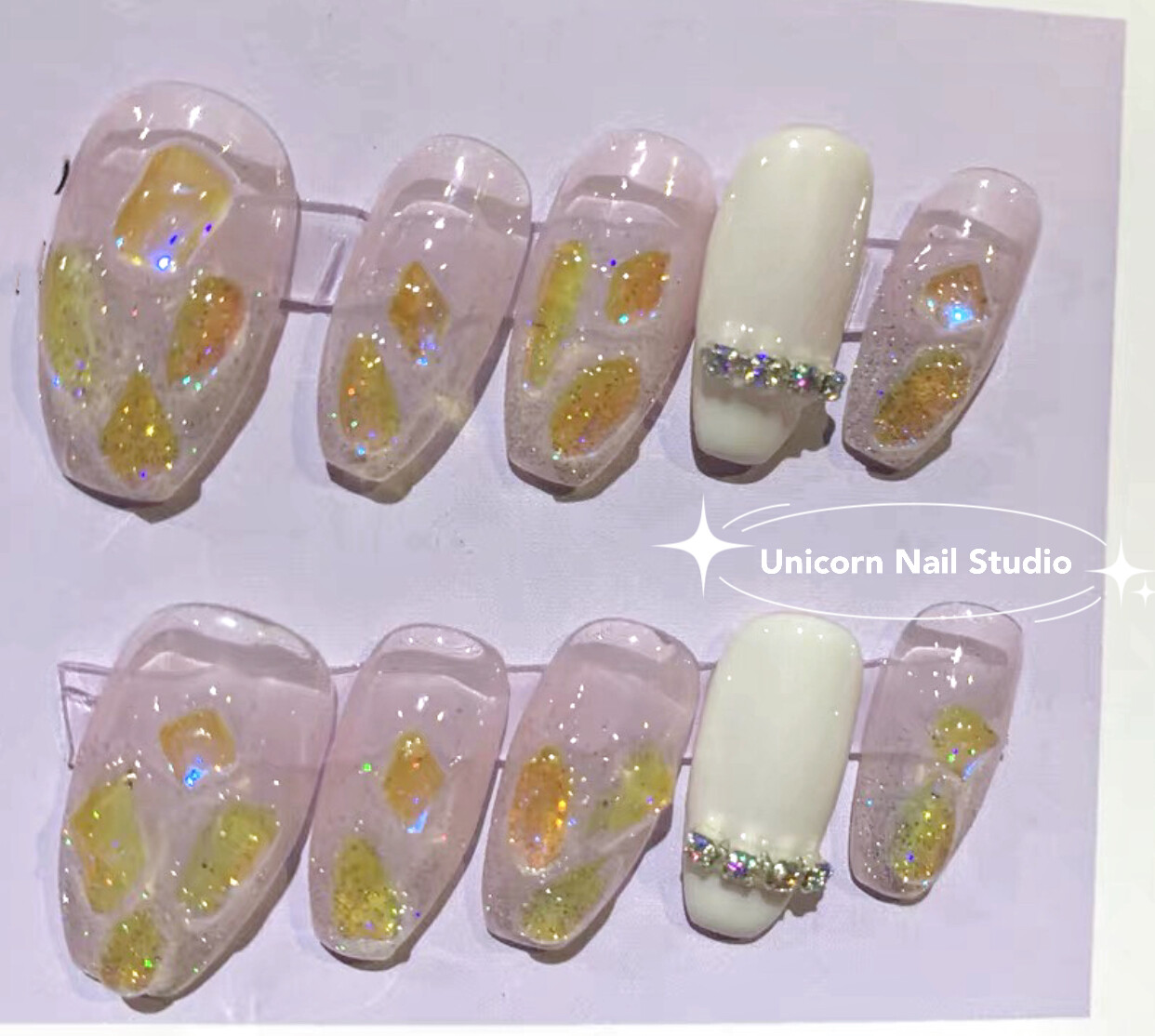 Pretty shiny｜Colorfully｜Milky Crystal | Long Coffin Nails | Press on Nail