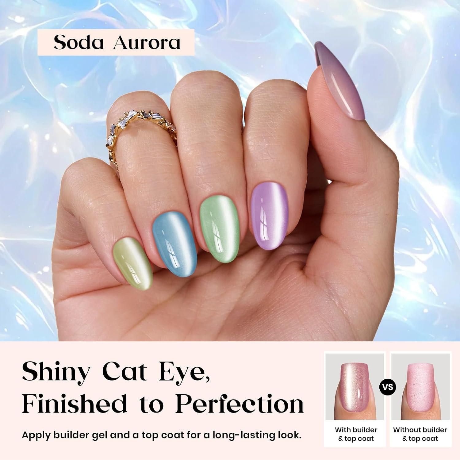 X Press Gel Nails Kit – Soda Aurora | 7 Colors Cat Eye Press on Nails Short Almo