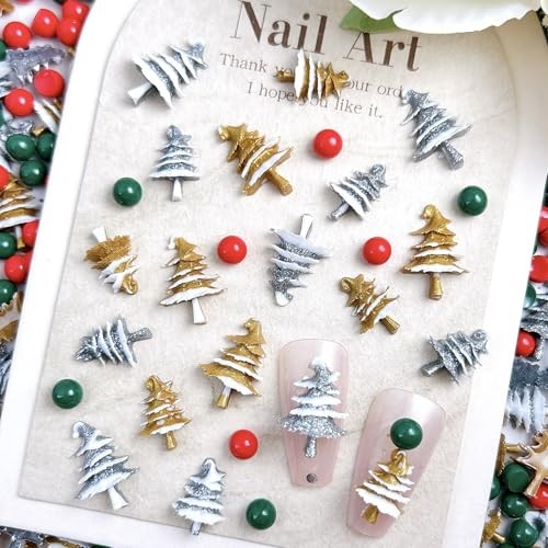 100Pcs Christmas Nail Charms and Gems Gold Silver Christmas Tree Nail Green