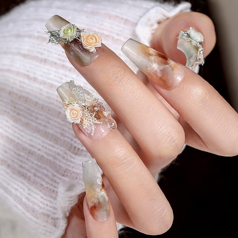 Colorful Flower Nail Charms Set – 24 Mixed Floral Designs with Pearl Leaves & Re