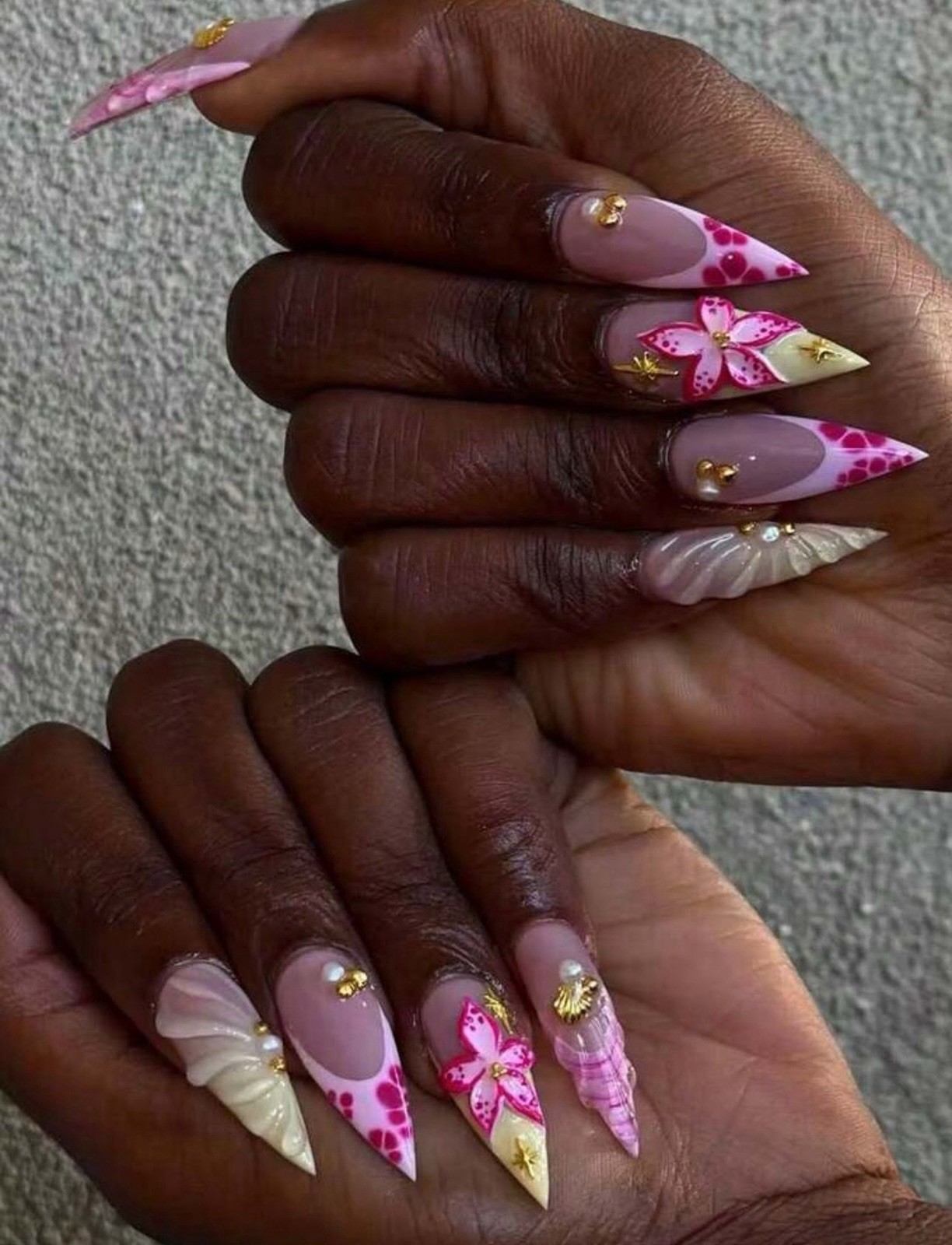 ENEN Medium Almond 3D Self-Adhesive Press-On Nails Pink White Gold Butterfly