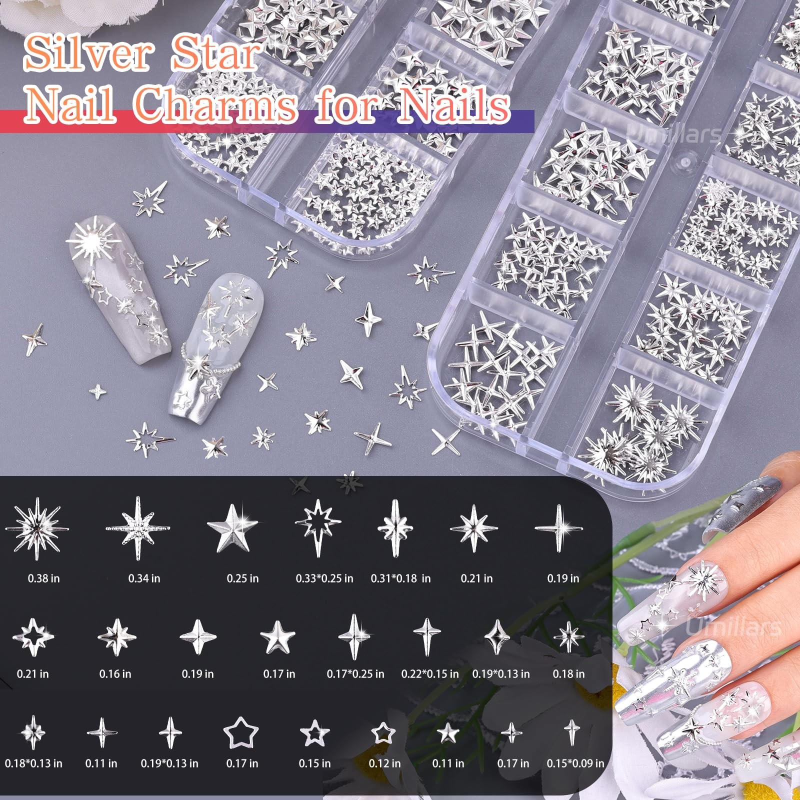 6 Boxes Silver Nail Charms with Nail Pearls, 3D Star Cross Nail Art Studs Met…