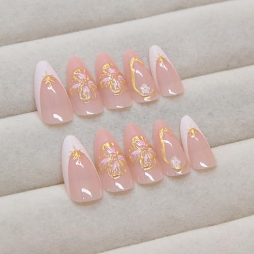 Medium Press on Nails Almond Fake Nails French 1 Fl Oz (Pack of 1) White Gold