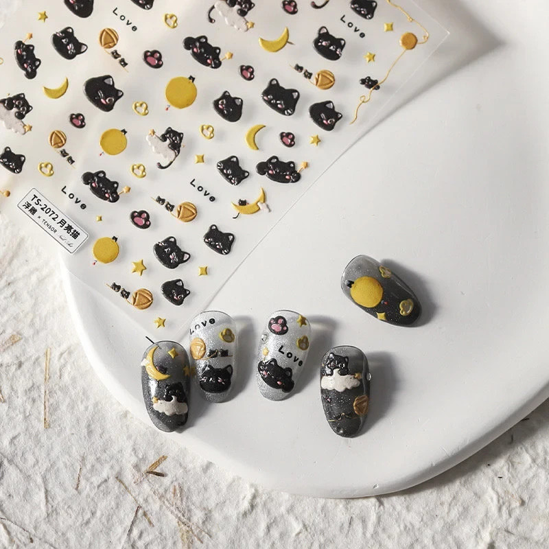 Moonlit Cat Nail Stickers – Black Cats, Moons & Stars Nail Decals (187)